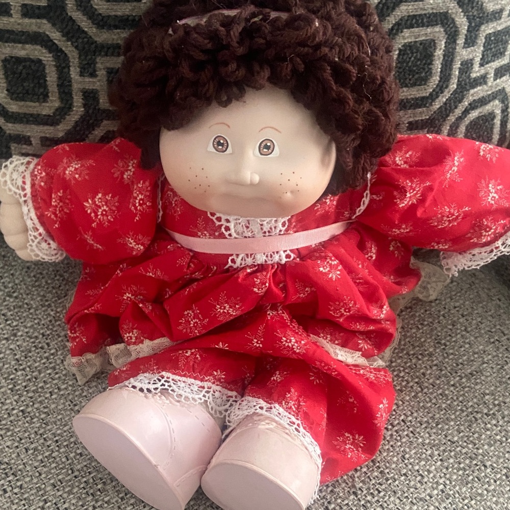 Vintage Porcelain Cabbage Patch Style Doll Red Dress